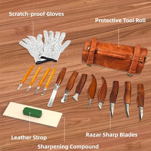 bellaDimora Wood Carving Kit 16-Piece | 8 Whittling Knives & 4 Detail Carving Knives, Walnut Handle High Carbon Steel Blades, with PU Leather Bag & Safety Gloves