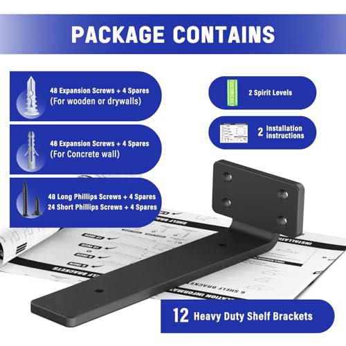 Goovilla Shelf Bracket, Floating Shelf Brackets 8 inch Long, 12 Pack, Black - size: 8 Inch, style: Black 12Pack