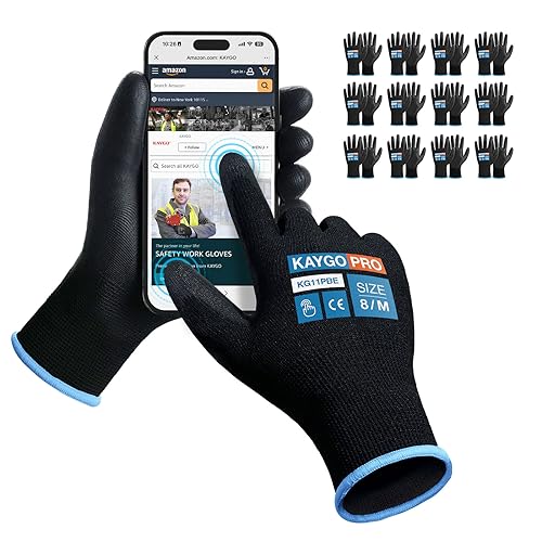 KAYGO Safety Work Gloves, PU Coated, 2-Finger Touchscreen, KG11P - color: Black (Touch Screen), size: Medium