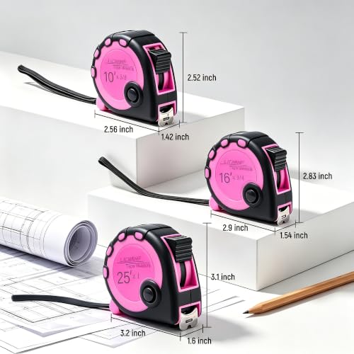 Lichamp Pink Tape Measure 4 Pack, 10ft x 5/8in, 16ft x 3/4in, 25ft x 1in