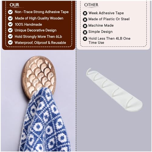 Indian Shelf 6 Piece Wooden Adhesive Wall Hooks for Keys, Bags and Hats - color: Brown Style 4