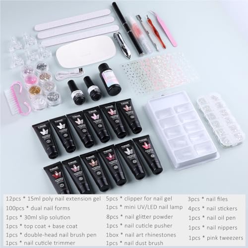 Fcozpjk Poly Gel Nail Kit with UV Light 12 Colors Poly Gel Starter Kit - color: 12colors-with-tools