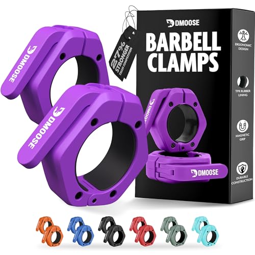 DMoose Fitness Barbell Clips 2 Inch (Pair) - Quick Release Olympic Barbell Clamps & Collars with Anti Slip TPR Grip for Secure Weightlifting and Powerlifting - Weight Clips for Bars at Home or Gym - color: Purple, style: Non Magnetic