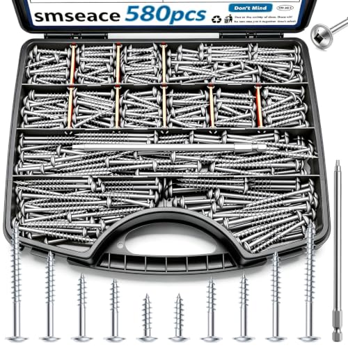 smseace 580Pcs Pocket Hole Screws Assortment Kit #8 x 1, 1-1/4", 1-1/2", 2", 2-1/2" Zinc Coated Square Drive Pocket Screws with 150mm Drive Bit Wood Screw Set - color: Silver