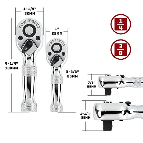 Powerbuilt 2 Piece 1/4-Inch and 3/8-Inch Stubby Ratchet Set, Quick-Release Reversible 72 Tooth, Tight Spaces, Mini Small Ratchet Wrench - 640927 - style: 2 Pc. Ratchet Set