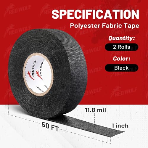 RED WOLF Wire Electrical Tape, 1 Inch x 50 Feet 2-Roll, Felt Cloth Electric Tape Noise Dampening High Temp Wiring Loom Harness, Self-Adhesive Fabric Tape for Automotive Engines Wrap Protection