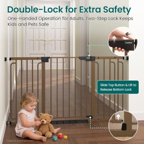 Cumbor 30.4-56.8" Extra Wide Baby Gate, Auto Close Dual Lock Dog Gate Brown - color: Brown, size: 30.4"-56.8" W x 30.5" H
