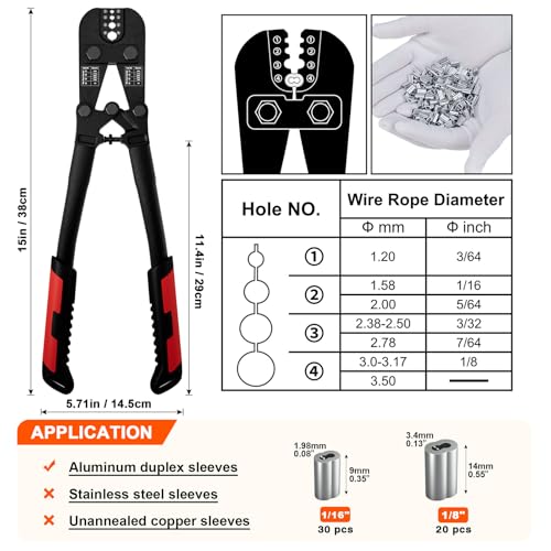 Sanuke Wire Rope Crimping Tool Kit, 3/64"-1/8" Steel Cable Swaging Tool