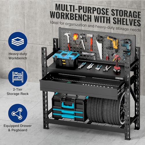 WORKPRO 50" Heavy Duty Workbench with Pegboard & Drawer - size: 50 inch