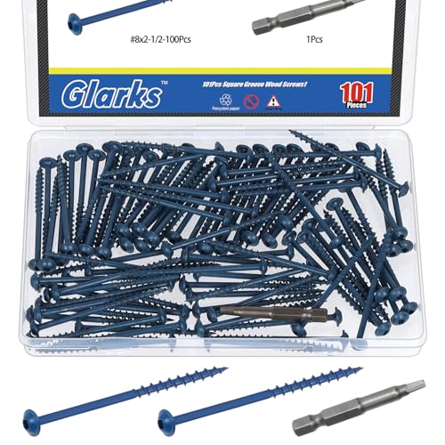 Glarks 100pcs #8 x 2-1/2’’ Pocket Hole Screws with Square Drill Bit Kit, Blue Coated Square Drive Wood Screws, Washer Head Coarse Thread Screw for Woodworking, Furniture - size: 100pcs 8x2-1/2