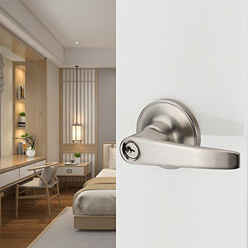 1 Pack of MANREN Lever Keyed Entry Door Lever Handle Lock, Universal Door Knob Hardware,Nickel Brushed Color (MR802ET) - color: Nickel Brushed, style: Entrance