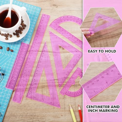 Tenare 6 Pcs Math Geometry Ruler Straight Protractor Triangle, Pink - color: Pink