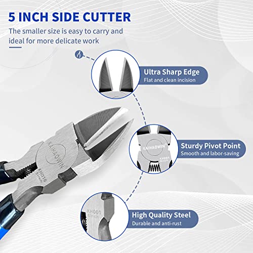 Wire Cutters 5", 5 Pack KAIHAOWIN Precision Flush Cutters Ultra Sharp Wire Cutters for Crafting Side Cutters Wire Snips Spring Loaded Dikes Wire Cutter for Jewelry Making, Blue with Black Handle - size: 5 inch