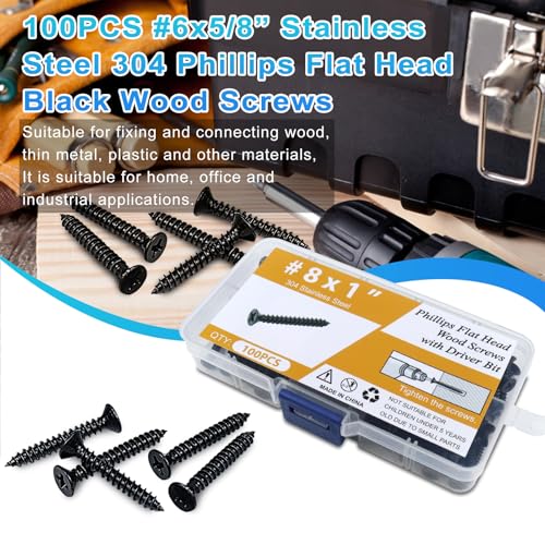 100PCS #8 x 1 Black Wood Screws, Flat Head Stainless Steel Sheet Metal Screws, Fast Self Tapping Screws for Deck Drywall Concrete Screws with Screwdriver Bit - style: Black #8X1" Flat Head 100PCS