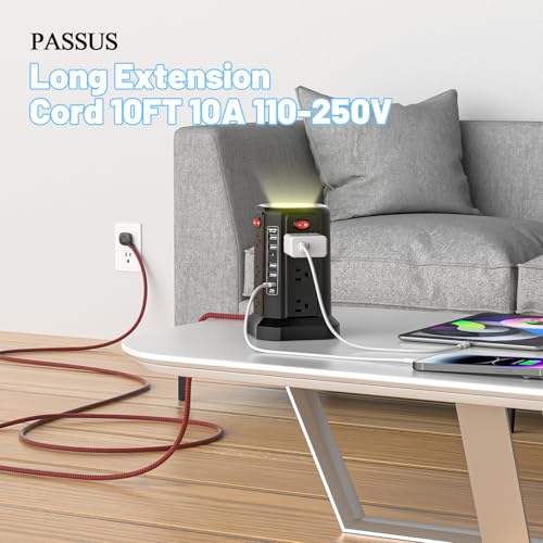 PASSUS Surge Protector Power Strip with 5 USB Ports and Night Light - color: Black-BZX-10ft