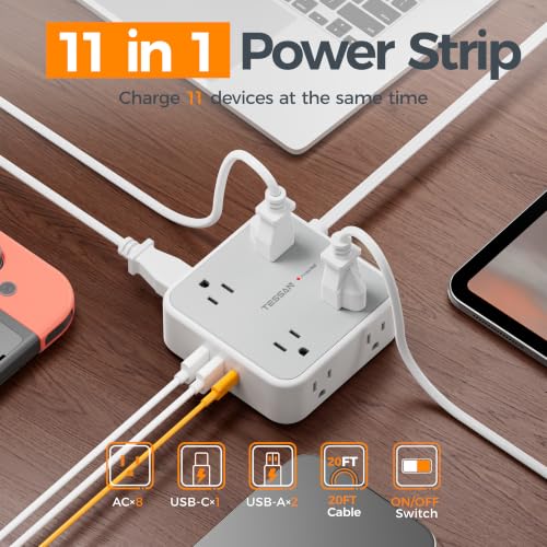 TESSAN Surge Protector Power Strip with 900J Surge Protection, 20 Ft, Grey - color: Grey with 1 USB C, size: 20 feet