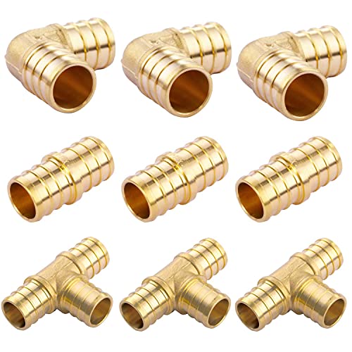 Litorange 3/4 inch T PEX Tee & 90 Degree Elbow & Straight Coupling 3/4" (pack of 9) Lead-Free Brass Barb Crimp Pipe Fitting/Fittings