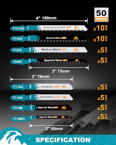 50PCS Jigsaw Blades Set, EXFEIN Assorted T-Shank Jig Saw Blades for Wood, Plastic and Metal Cutting (T118A,T118B,T127D,T119B,T119BO,T101BR,T144D,T244D) - size: Set 2 (T127D-T244D)