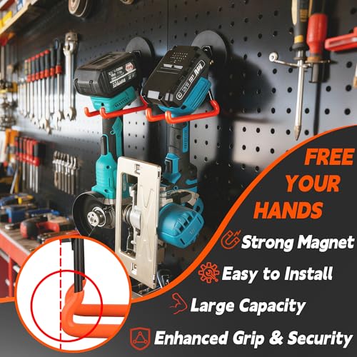 ULIBERMAGNET New Updated Strong Magnetic Hooks,2 Pack Heavy Duty Large Magnetic Hooks for Extension Cord, Cable, Hose, Power Cord,Rope,Drill,Jig Saw,Circular Saw,Garden Lawn Tools (Orange/3.46inch) - style: Upgraded Orange Large L Ultimate Strong Hooks