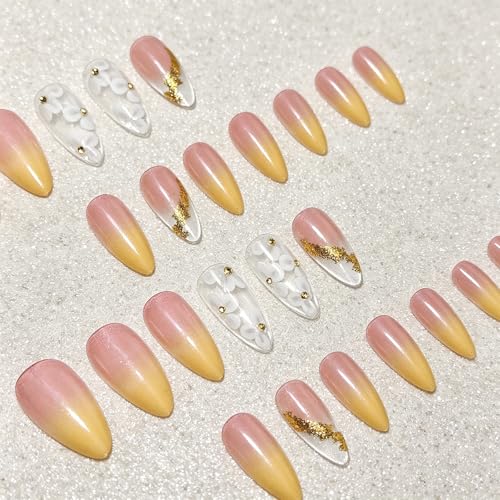 3D Press on Nails Almond - Medium French Tip Fake Nails with Embossed Flower&Gold Bead Designs, Glossy Finish Reusable False Nails for Women Manicure(3D Embossed design 21） - color: 3D Embossed design 21