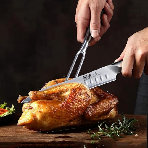 HOSHANHO 8 Inch Carving Knife & 7 Inch Fork Set, Razor Sharp Slicing Knife