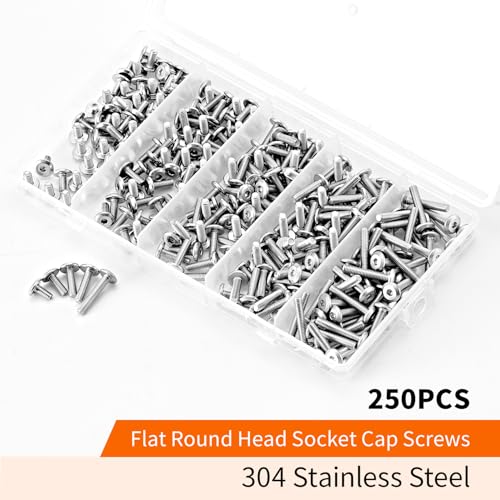 M3 x 6mm 8mm 10mm 12mm 16mm Flat Round Head Hex Socket Cap Screws Bolts, Furniture Screws, 304 Stainless Steel, Metric Fully Threaded, Allen Hex Drive, Bright Finish, Assortment Kit 250PCS - size: M3 x 6/8/10/12/16mm (250PCS)