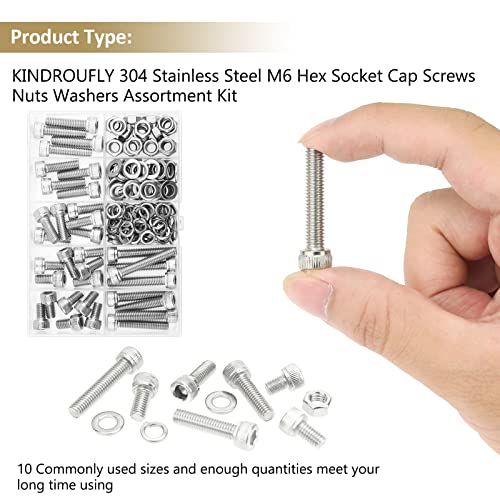 122 Pieces M6 x 10/12 /16/20 /25/30 /35mm Hex Socket Head Cap Screws Nuts Washers Assortment Kit, 304 Stainless Steel, Fully Machine Thread - size: M6, style: Socket Head