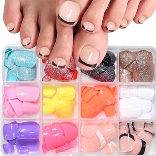 288Pcs Press on Toenails Short Square Toe Fake Nails with Glue Tabs,12 Color Gel Fake Toenails Press ons, Glitter French Glossy Glue on Toenail Acrylic Toes Nails False Presson Stick Toenail for Feet - color: 12 Color Press on Toenails