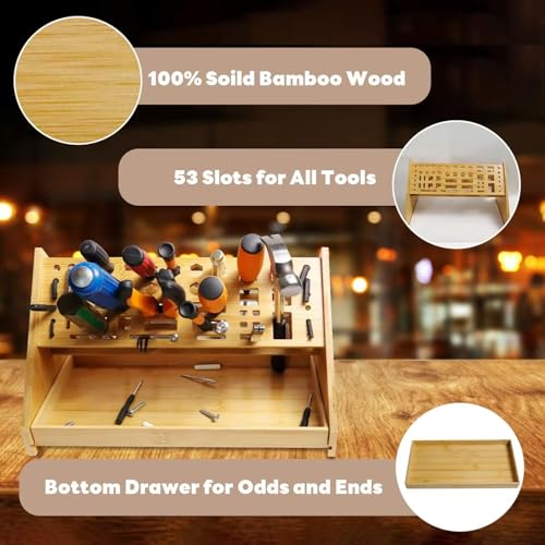 Screwdriver Organizer Desktop Screwdriver Holder 53 Slots Workbench Rack Stand Bamboo Tool Storage Organizer for Hammer Allen Wrench