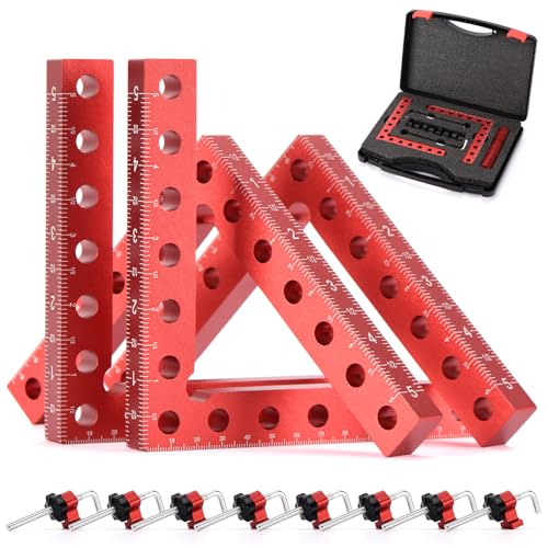 Neddie 90 Degree Corner Clamps for Woodworking, 4-Pack 5.5-Inch Squares | Anodized aluminum, 8 L-bolts with adjustable blocks, up to 3.5 in, dual-unit scales, case, cabinets, drawers, boxes, frames