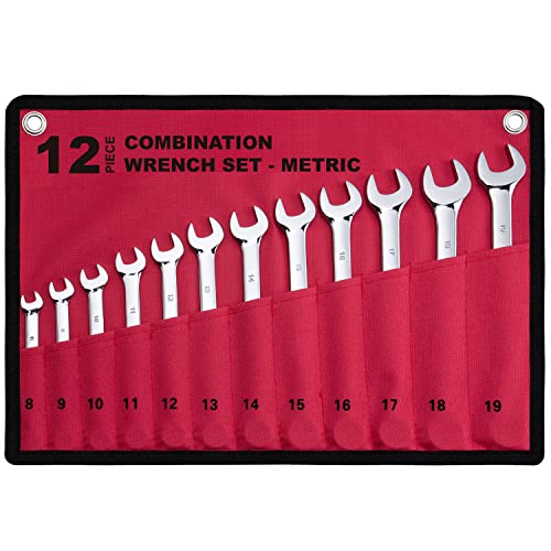 12-Piece Metric Combination Wrench Set in Roll-up Pouch, Non-Skip Sizes 8mm - 19mm | Chrome Vanadium Steel with Mirror Finish | Ideal for General Household, Garage Workshop, Auto Repairs and Much More - size: 12-Piece Metric Set
