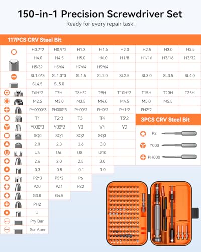 Precision Screwdriver Set, SOONAN 150 in 1 Electronics Tool Kit with 120 Bits Magnetic Screwdriver Set & 30-bit Repair Tool for Computer Phone Watch Camera Laptop, Orange - size: 150-IN-Orange