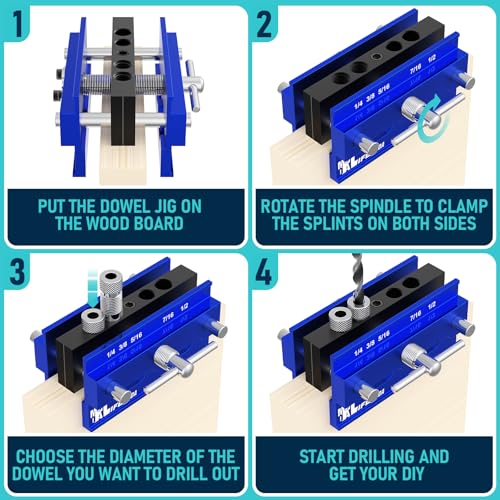 Self Centering Doweling Jig Kit, Drill Jig For Straight Holes Biscuit Joiner Set With 6 Drill Guide Bushings, Adjustable Width Drilling Guide Tool Accessory Jigs (Blue) - size: Small