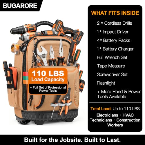 Rolling Tool Backpack with Wheels, 16" Heavy Duty Tool Bag with Molded Base - color: Brown