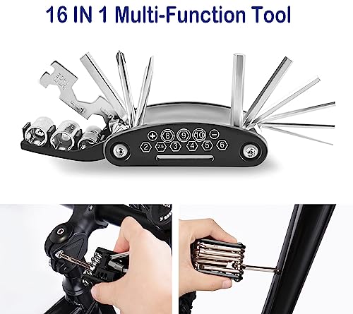 Bike Repair Tool Kit with Mini Bicycle Pump,16-in-1 Bike Multitool, Portable Bicycle Flat Tire Repair Kit for Road MTB EBikes, Bike Emergency Repair Kit, Saddle Bag with Tail Light - style: Repair Tool Kit With Bike Light