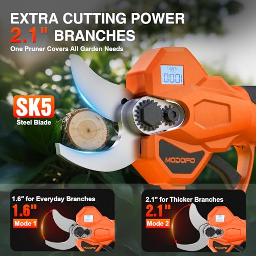 Electric Pruning Shears, Upgraded 2.1" Cutting Garden Shears with LCD Display, Brushless Motor Cordless Power Pruner with 2.0 Ah*2 Batteries for Garden Tree Pruner Branch - style: 2.1" orange