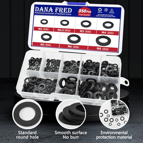 350pcs Black Nylon Flat Round Washer Spacer,7 Sizes M2-M8 Black Flat Washers Assortment Kit,Countersunk Plastic Spacer Thickness Gasket Ring Hardware Tool Fastener for Screw M2 M2.5 M3 M4 M5 M6 M8
