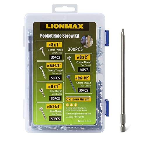 LIONMAX Pocket Hole Screws Assortment Kit 300PCS, Coarse&Fine Thread 6 Size - size: Coarse Thread + Fine Thread (300pcs)