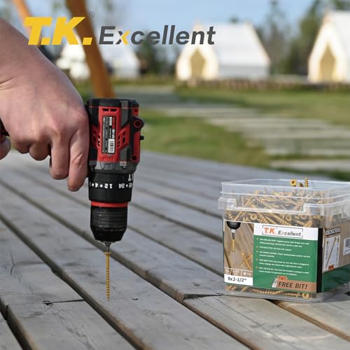 T.K.Excellent Deck Screws 2-1/2 Inch Wood Screws #9 x 2-1/2, 395 Pcs, Rust Resistant Tan Exterior Structural Screws, Torx Drive Screws, Two T25 Bits, Brilliant Yellow Ruspert Coating Rust Proof - size: #9×2-1/2
