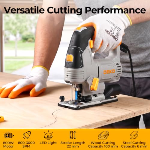 DEKO Electric 800W Jigsaw Tool Power Jig Saws for Woodworking, Wood Cutter Hand Tool with 6 Variable Speed,LED Light