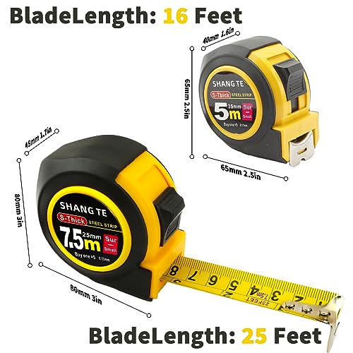 2 Packs Tape Measure 25 ft /16 ft, Steel Measuring Tape Retractable, 25-Foot /16-Foot Basics Self-Locking Measurement Auto Lock Tape Rule Imperial/Metric Tape Measure for Body Measurements - color: 2 Pack, size: 7.6 m