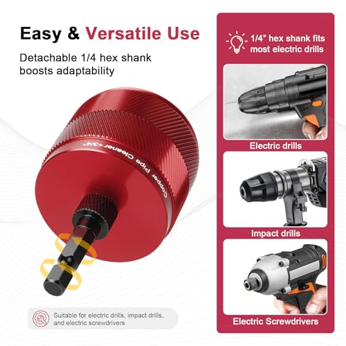 Copper Pipe Cleaner for Drill, Plumbing Tools Set 1/2" & 3/4" with 1/4" Hex Shank & 6 Brush Blades & 2 Pipe Brush, for Removing Rust, Stains & Paint from Copper & Metal Pipes, Red, Metal Cleaning Kit - color: Red