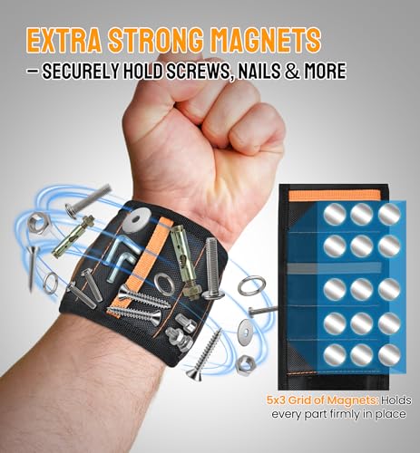 HiRui Magnetic Wristband for Tools – Ultra-Strong 15 Neodymium Magnets Hold Screws, Nails & Bits, Dual Pockets – Hands‑Free for DIY, Home Repairs, Auto – Gift‑Ready for Dad, Husband, Grandpa (Black) - color: Black