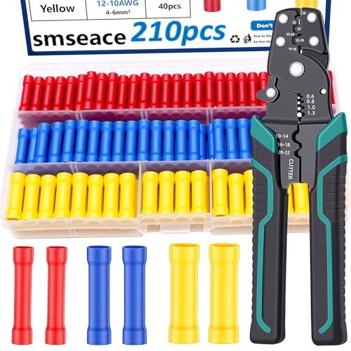 smseace 210PCS Wire Butt connectors with Crimping Tool 22-10AWG Butt Splice Connectors Insulated Electrical Straight Wire Terminal - size: 211Pcs