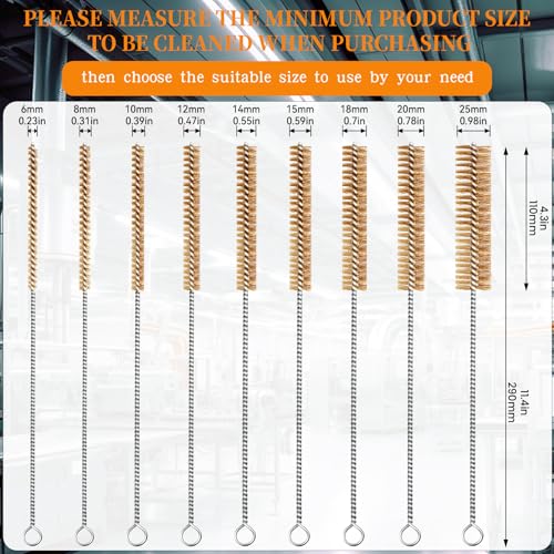 9pcs Tube Cleaning Brush Set 12" Round Long Brass Wire Brushes - size: 9