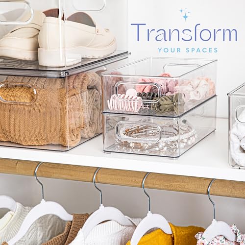 Plastic Food Storage 6 Pack Clear Container Bin with Handles for Organizing Kitchen, Pantry, Refrigerator, Freezer, Pantry, Cabinet, Closet, Bathroom. Stackable 10”x6”x3” - size: 10x6x3