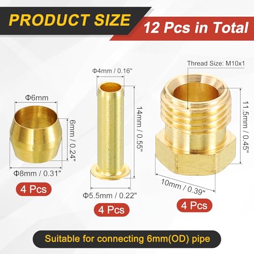 uxcell 4 Set Fit for 6mm Tube Brass Compression Assortment Kit, Sleeve Ferrule & Nut Kit & Insert Tube Fittings for Water Oil Air Pipe - size: 6mm