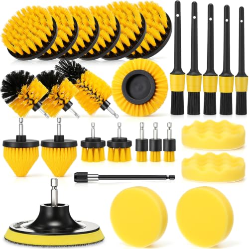 28 Pack Drill Brush Attachment Set, Power Scrub Brushes Extend Long Reach Tools for Grout, Floor, Tub, Bathroom and Kitchen Surface,Scratch Brushes (Yellow) - color: Yellow