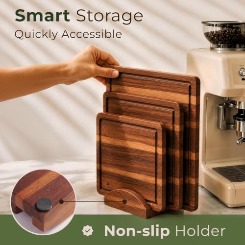 Acacia Wood Cutting Board Set of 3 with Holder, Juice Grooves & Handles