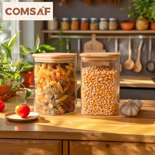 ComSaf 1.2 QT Glass Storage Containers with Lids, Glass Jars with Lids, Clear Food Jar, Square Canister Set of 6, Pantry Organizers and Storage for Cookie Flour Oat Pasta Tea Coffee Bean (Pack of 2) - size: 1.2Qt*6 (Pack of 2)
